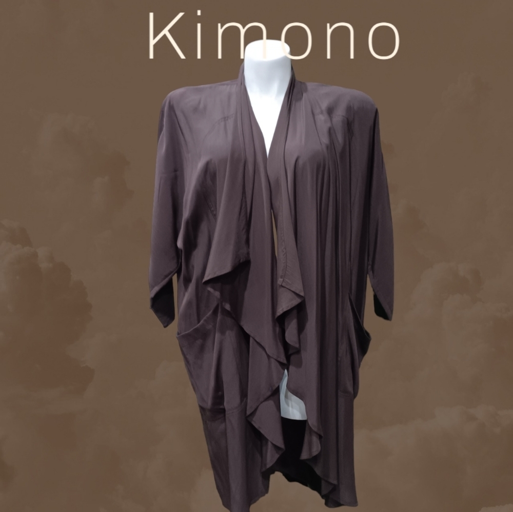 All Season Kimono Brown Waterfall Cardigan Sz M Casual Minimalist Dolman Sleeve